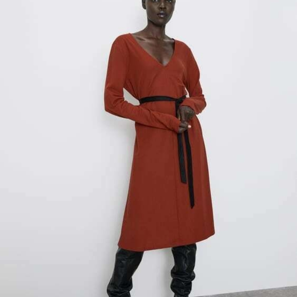 Zara Rust Linen V-neck Belted Midi Dress